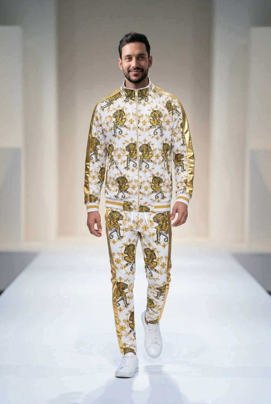 Men's G Style USA Gold Accent Tiger Print Track Suits 2 Piece Streetwear NWT XL